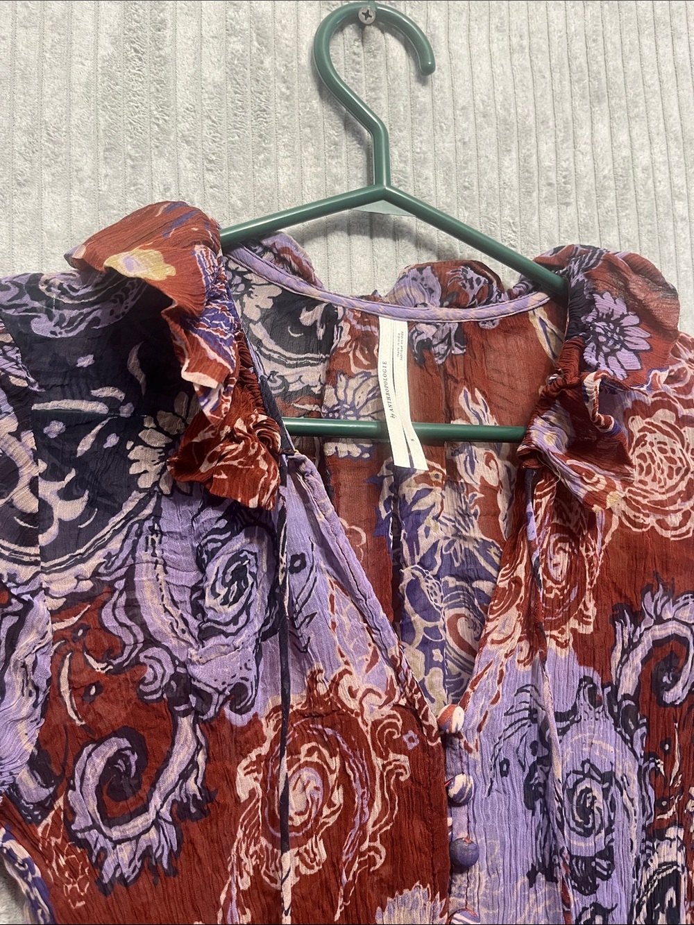 Anthropologie Rust and Lavender Mixed-Print Tiered Long-Sleeve Dress Small - Picture 6 of 10